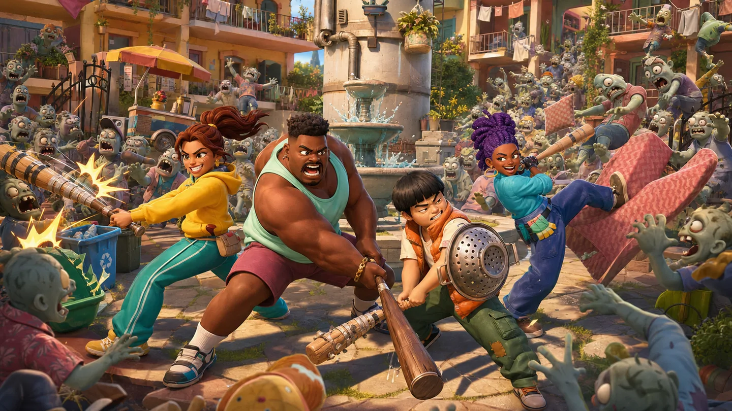 A group of mismatched roommates defend a lively apartment courtyard from goofy cartoon trouble