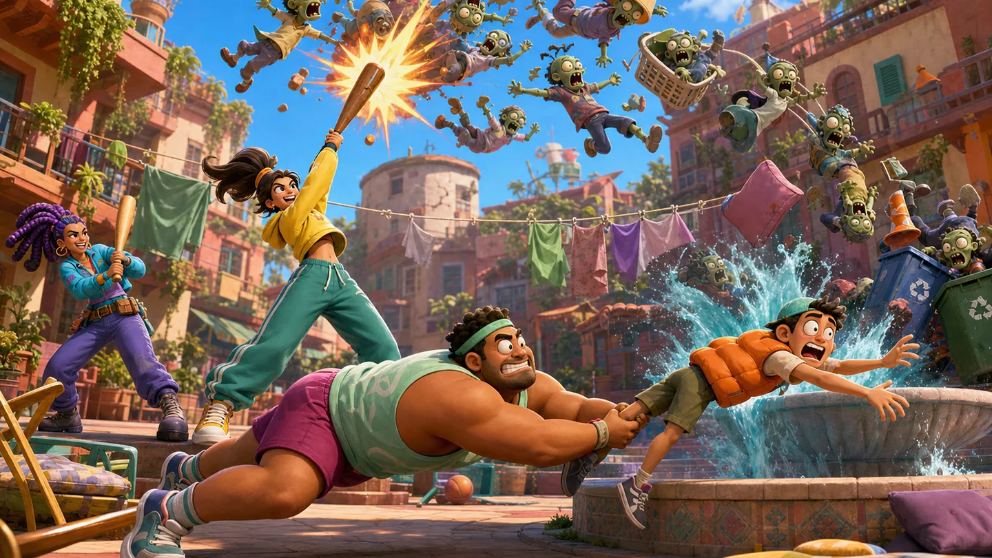 A huge slapstick impact sends cartoon trouble flying across the courtyard