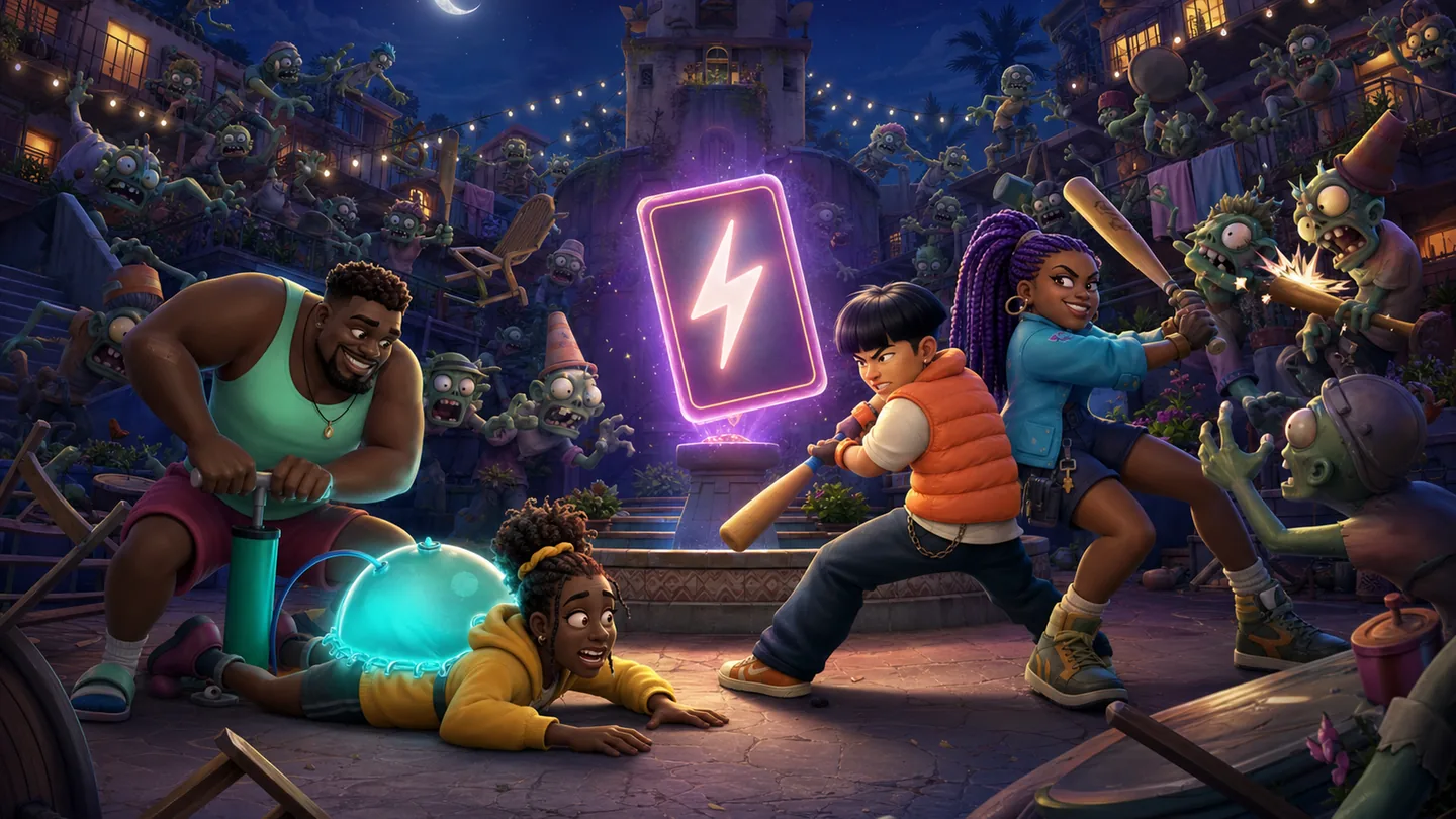 Roommates regroup under courtyard lights while cartoon trouble gathers around them